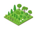 Isometric vector green tree set on field background illustration.