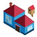 Isometric vector house for a city, summer residence. Four-story roof, windows, door, chimney, birdhouse. Vector icon design for