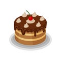 Isometric vector icon of big tasty cake with chocolate topping, whipped cream and red cherry on top. Delicious dessert