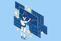 An isometric vector illustration of an AI trading robot analyzing stock market charts, surrounded by floating currency