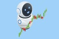An isometric vector illustration of an AI trading robot analyzing stock market charts, surrounded by floating currency