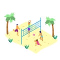 Isometric vector illustration of beach scene with tiny people in swim suits playing beach volley.