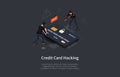 Isometric Vector Illustration In Cartoon 3D Style. Dark Background And Elements. Credit Card Hacking, Online Theft Ideas