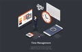 Isometric Vector Illustration In Cartoon 3D Style. Dark Background And Elements. Time Management, Business List Planning