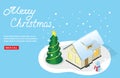 Isometric vector illustration on a Christmas theme beautiful house in a snow and decorated tree