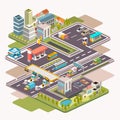 Isometric vector illustration of cityscape with gas station, parking area or rest area and higway gate