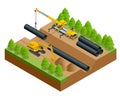 Isometric Vector illustration of the construction process. Construction work on the pipe laying of the pipeline into the