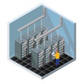 Isometric Vector Illustration diagnostic test in a server computer room. Server test in room. Servers being tested in room.
