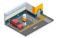 Isometric vector illustration of an indoor parking space with marked slots, a clearly labeled exit, and modern parking Royalty Free Stock Photo