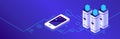 Isometric vector illustration showing a smartphone connecting to a server database, representing concepts like cloud Royalty Free Stock Photo