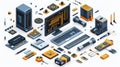 Isometric vector illustration of various computer hardware components and peripherals Royalty Free Stock Photo