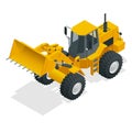 Isometric Vector illustration yellow bulldozer tractor, construction machine, bulldozer isolated on white. Yellow Wheel