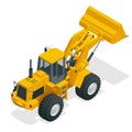 Isometric Vector illustration yellow bulldozer tractor, construction machine, bulldozer isolated on white. Yellow Wheel