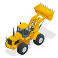 Isometric Vector illustration yellow bulldozer tractor, construction machine, bulldozer isolated on white. Yellow Wheel