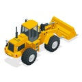 Isometric Vector illustration yellow bulldozer tractor, construction machine, bulldozer isolated on white. Yellow Wheel