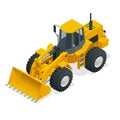 Isometric Vector illustration yellow bulldozer tractor, construction machine, bulldozer isolated on white. Yellow Wheel