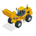 Isometric Vector illustration yellow bulldozer tractor, construction machine, bulldozer isolated on white. Yellow Wheel Royalty Free Stock Photo