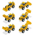 Isometric Vector illustration yellow bulldozer tractor, construction machine, bulldozer isolated on white. Yellow Wheel Royalty Free Stock Photo