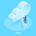 Man in a business suit climbs the cloud on a wooden ladder