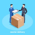 man in a business suit receives a parcel from a delivery worker and a box at their