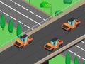 Isometric vector image of road repair, asphalt laying; road rollers are rolling asphalt, overpass, road junction. Isometric city