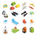 set of elements on the theme of camping and tourism, backpacks and bicycles Royalty Free Stock Photo