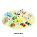 set of elements on the theme of camping and transport for tourism, cars and bicycles Royalty Free Stock Photo