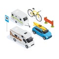 set of elements on the theme of camping and transport for tourism, cars and bicycles Royalty Free Stock Photo