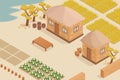 Isometric vector of Korean traditional farm house. Korean folk village. Thatched house