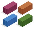 Isometric vector large metal containers for transportation. Closed doors with cardboard boxes. Delivery of cargo