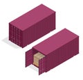 Isometric vector large metal containers for transportation. Open and closed doors with cardboard boxes. Delivery of