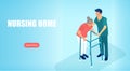 Isometric vector of a nursing home with a nurse assisting elderly woman