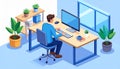 Isometric vector person typing on a computer in a clean workspace. Generative AI Royalty Free Stock Photo