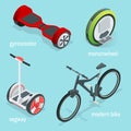Isometric vector set of Alternative Eco Transport isolated on a blue background. Segway, Monowheel or Solowheel