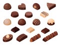 Isometric vector set of chocolate candies different types and forms. Isolated on white background. Sweet food vector illustration Royalty Free Stock Photo