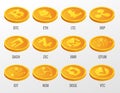 Isometric Vector set of Cryptocurrency gold coins with Bitcoin, ETH, LTC, XRP, DASH, ZEC, XMR, QTUM, IOT, NEN, DOGE, VTC