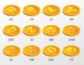 Isometric Vector set of Cryptocurrency gold coins with Bitcoin, ETH, LTC, XRP, DASH, ZEC, XMR, QTUM, IOT, NEN, DOGE, VTC