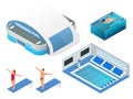 Isometric vector set of modern building swimming pool for water sports, swimming pool, swimmers elements icons. Health Royalty Free Stock Photo