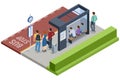 Isometric vector showing a high-tech bus stop with interactive ticket vending machines and a detailed route map. People