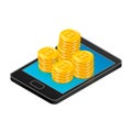 Isometric Vector Smartphone With Gold Bitcoin Coins. Crypto Currency Digital Illustration. Virtual Cash, Web Money