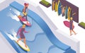 Isometric vector surf wave pools at the hotel, water park. 3d surfer school, people train to stand on the board