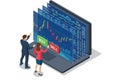Isometric vector of traders interacting with a large digital financial interface on a computer, making buy and sell