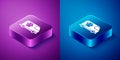 Isometric Veterinary ambulance icon isolated on blue and purple background. Veterinary clinic symbol. Square button