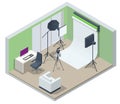 Isometric Video Blogger Recording Video With Camera. Equipment for making video for blog, vlog review or online Royalty Free Stock Photo