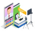 Isometric Video Blogger Recording Video With Camera. Journalist. Tutorial Blogger, Blog Online, Web Vlogger. Online
