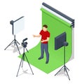 Isometric Video Blogger Recording Video With Camera. Journalist. Tutorial Blogger, Blog Online, Web Vlogger. Online