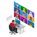 Isometric video conference. Group Corporate Video Conference. Online meeting work form home. Home office. Remote project