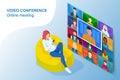 Isometric video conference. Online meeting work form home. Home office. Multiethnic business team. Stay at home and work