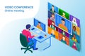 Isometric video conference. Online meeting work form home. Home office. Multiethnic business team. Stay at home and work