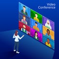 Isometric video conference. Online meeting work form home. Home office. Multiethnic business team. Stay at home and work